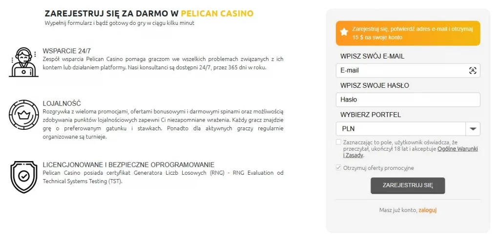 Pelican Casino login — jak zalogować się i założyć konto?