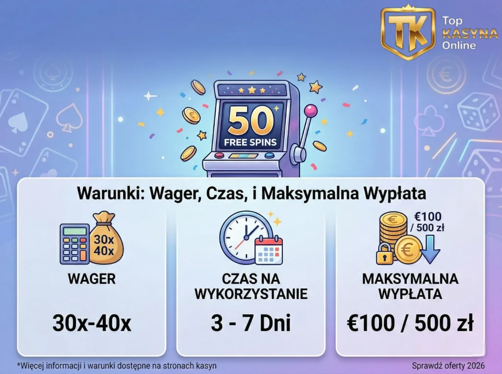 Ile razy trzeba obrócić wygrane z 50 free spins?