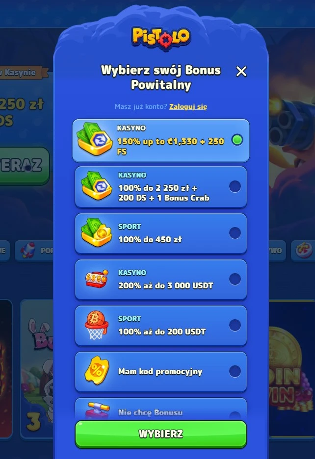 Pistolo bonus powitalny — jaki pakiet na start przygotowało kasyno?